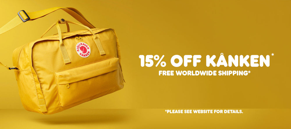 Mustard yellow Fjällräven Kånken bag on a yellow background with a 15% off sale and free worldwide shipping offer.