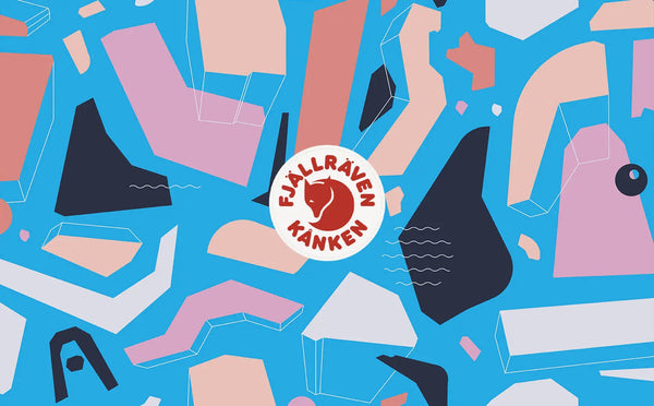 Abstract collage with the Fjällräven Kånken logo in the center, representing the Kånken Art special edition bags.