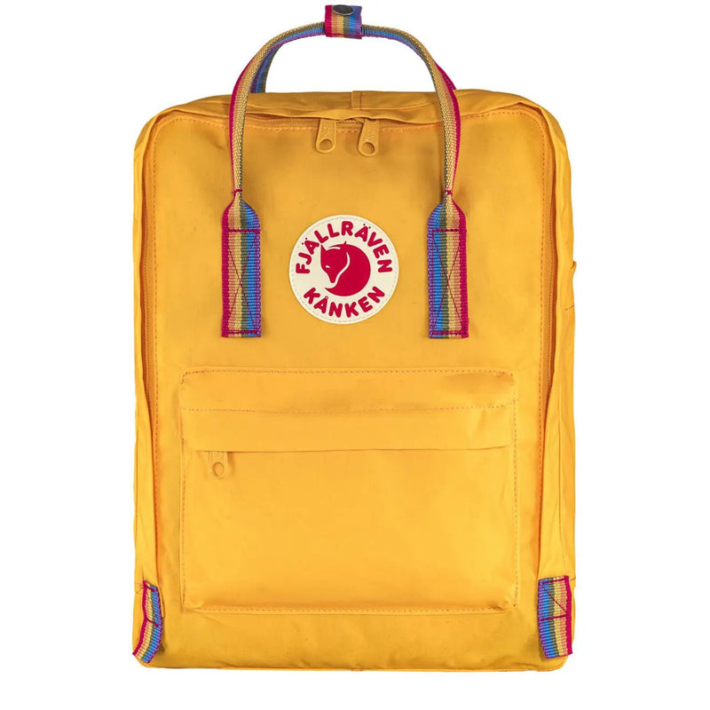 yellow backpack fjällräven Fjallraven Kanken Classic Backpack Warm Yellow Rainbow Pattern